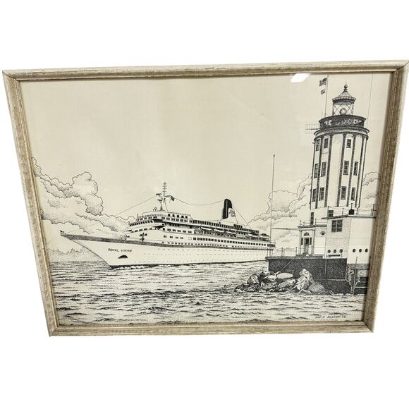 VTG Framed Black & White Ship Print Royal Viking Svein Olsson Signed & Numbered